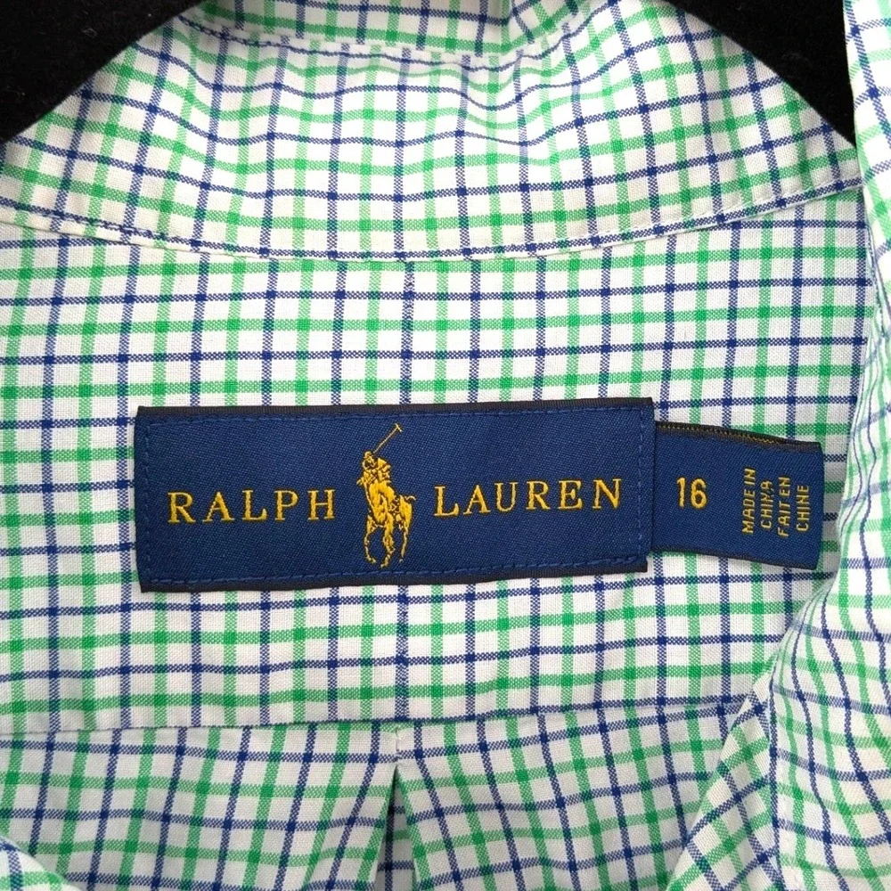 Ralph Lauren Boys Green Blue Gingham Preppy‎ Button Down Shirt Size 16